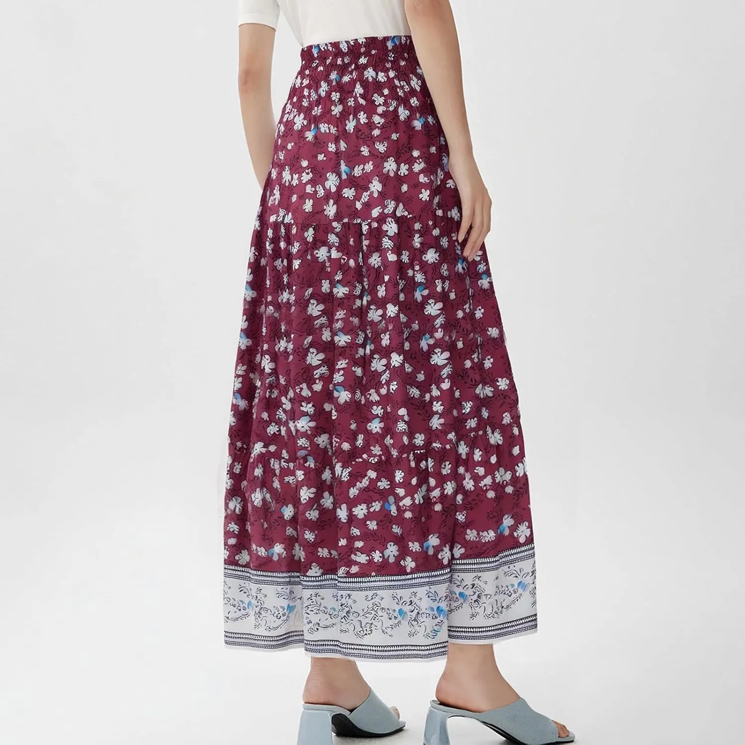 Maxi Skirts for Women Elastic High Waist A Line Pleated Skirt Boho Print Floral Flowy Skirt Beach Fashion