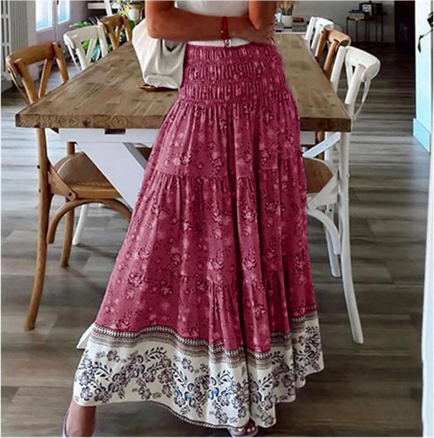 Maxi Skirts for Women Elastic High Waist A Line Pleated Skirt Boho Print Floral Flowy Skirt Beach Fashion