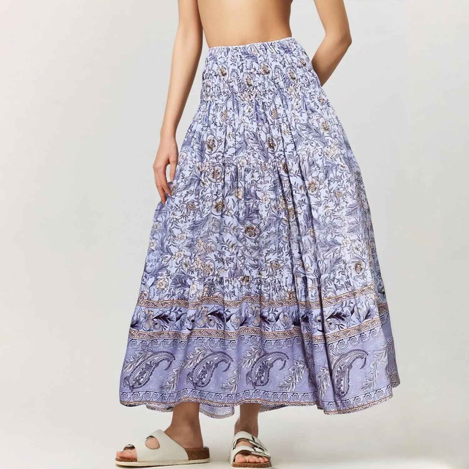 Maxi Skirts for Women Elastic High Waist A Line Pleated Skirt Boho Print Floral Flowy Skirt Beach Fashion