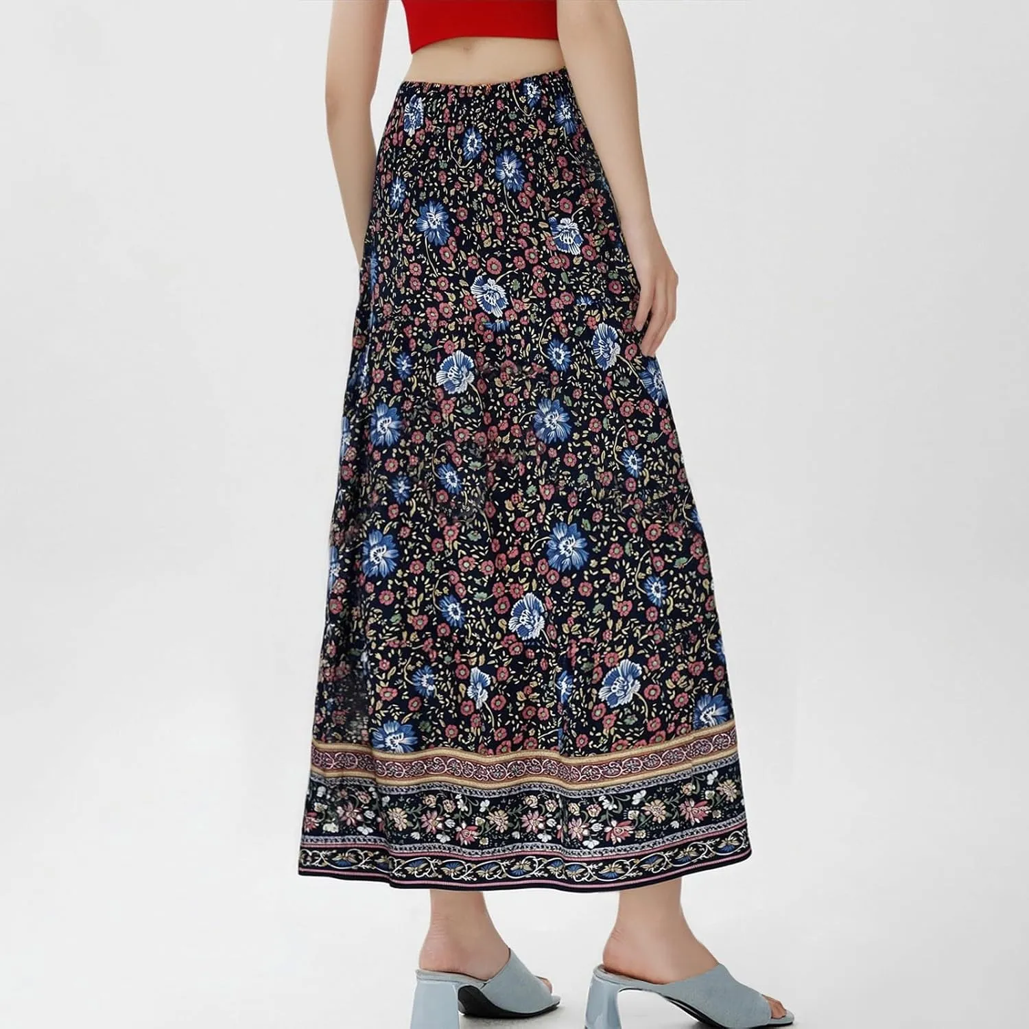 Maxi Skirts for Women Elastic High Waist A Line Pleated Skirt Boho Print Floral Flowy Skirt Beach Fashion