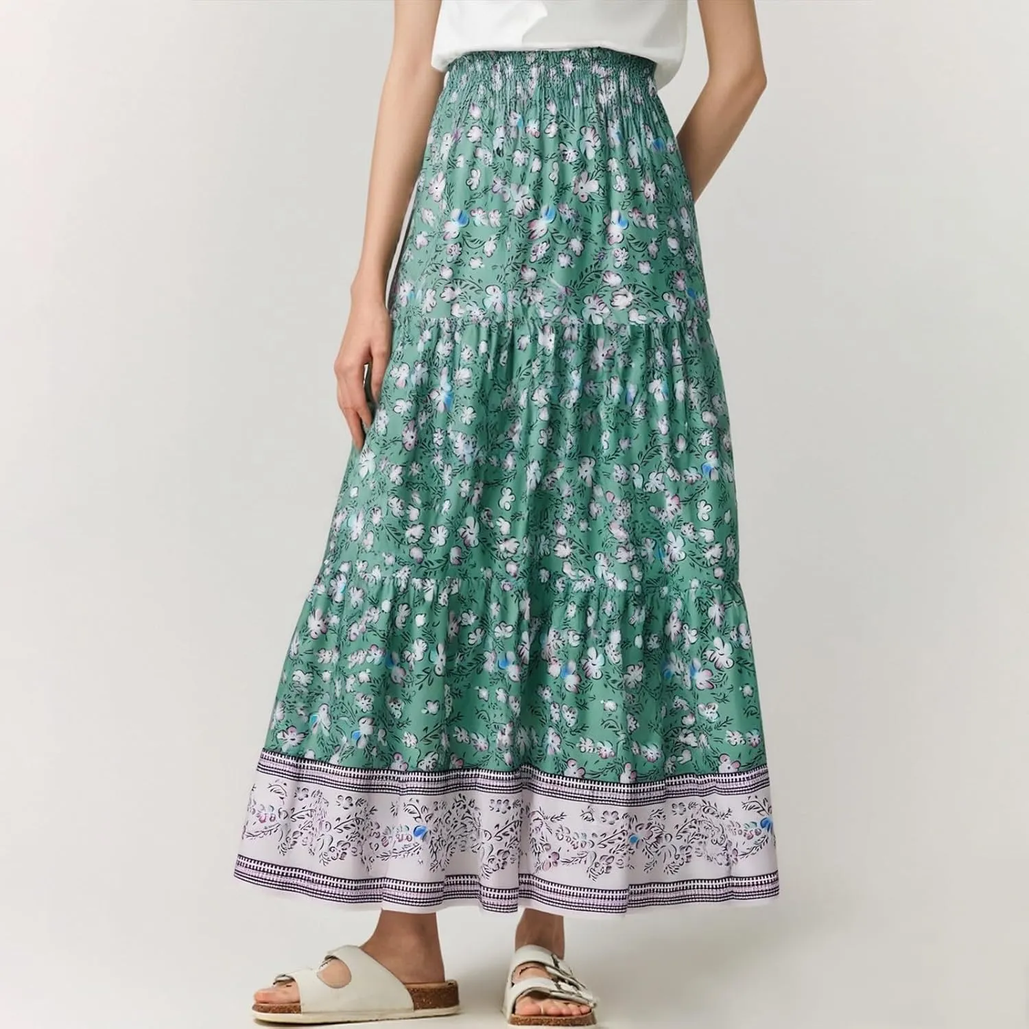 Maxi Skirts for Women Elastic High Waist A Line Pleated Skirt Boho Print Floral Flowy Skirt Beach Fashion