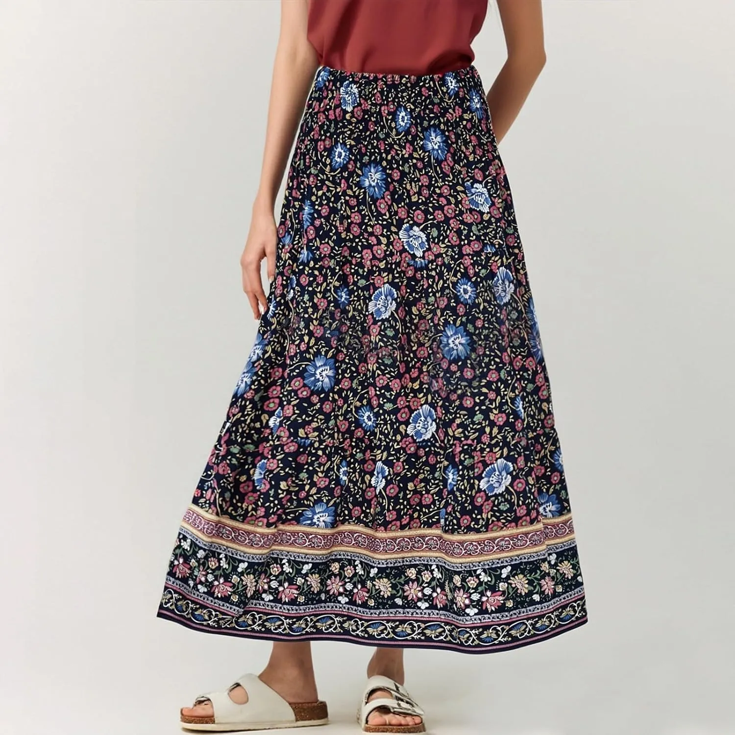 Maxi Skirts for Women Elastic High Waist A Line Pleated Skirt Boho Print Floral Flowy Skirt Beach Fashion