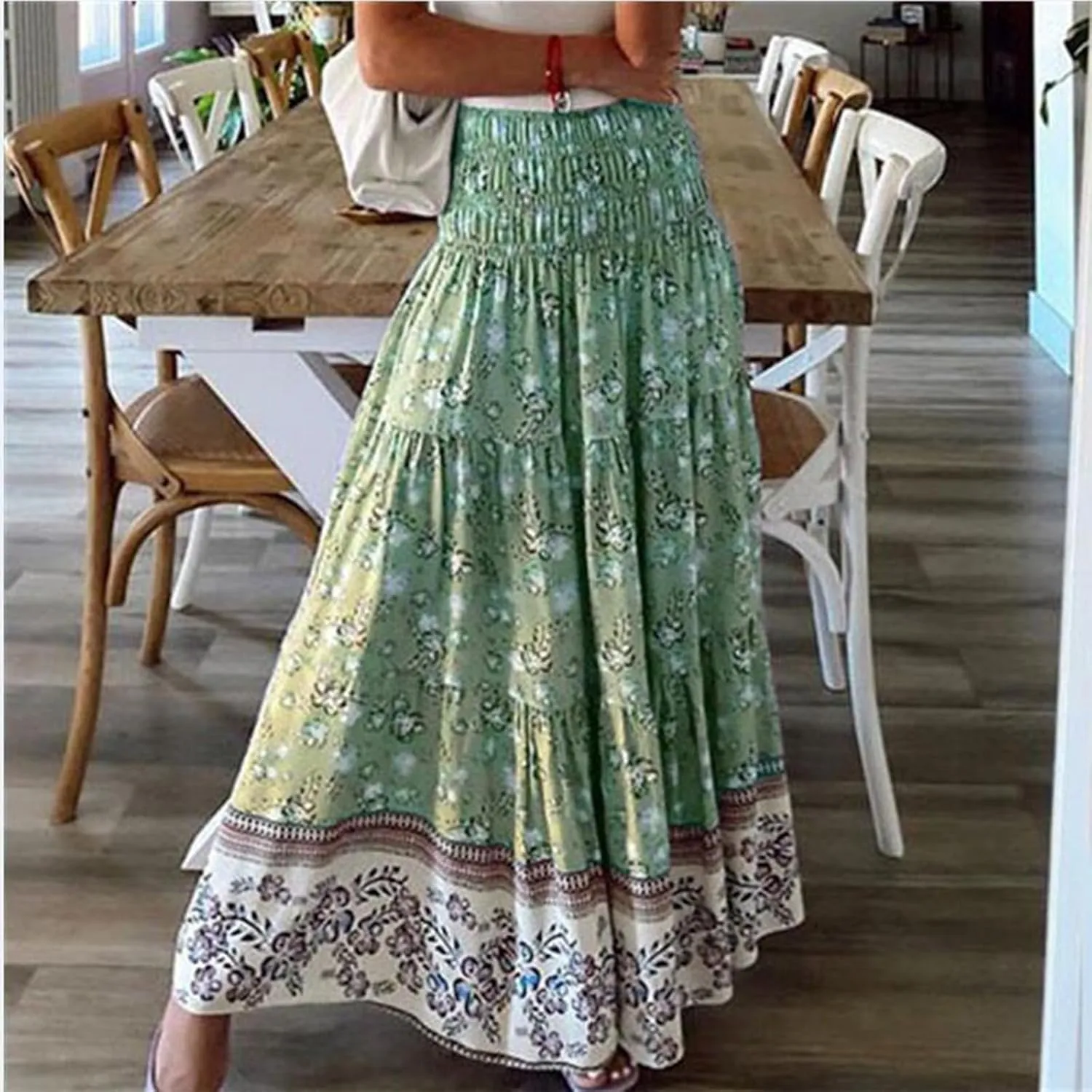 Maxi Skirts for Women Elastic High Waist A Line Pleated Skirt Boho Print Floral Flowy Skirt Beach Fashion