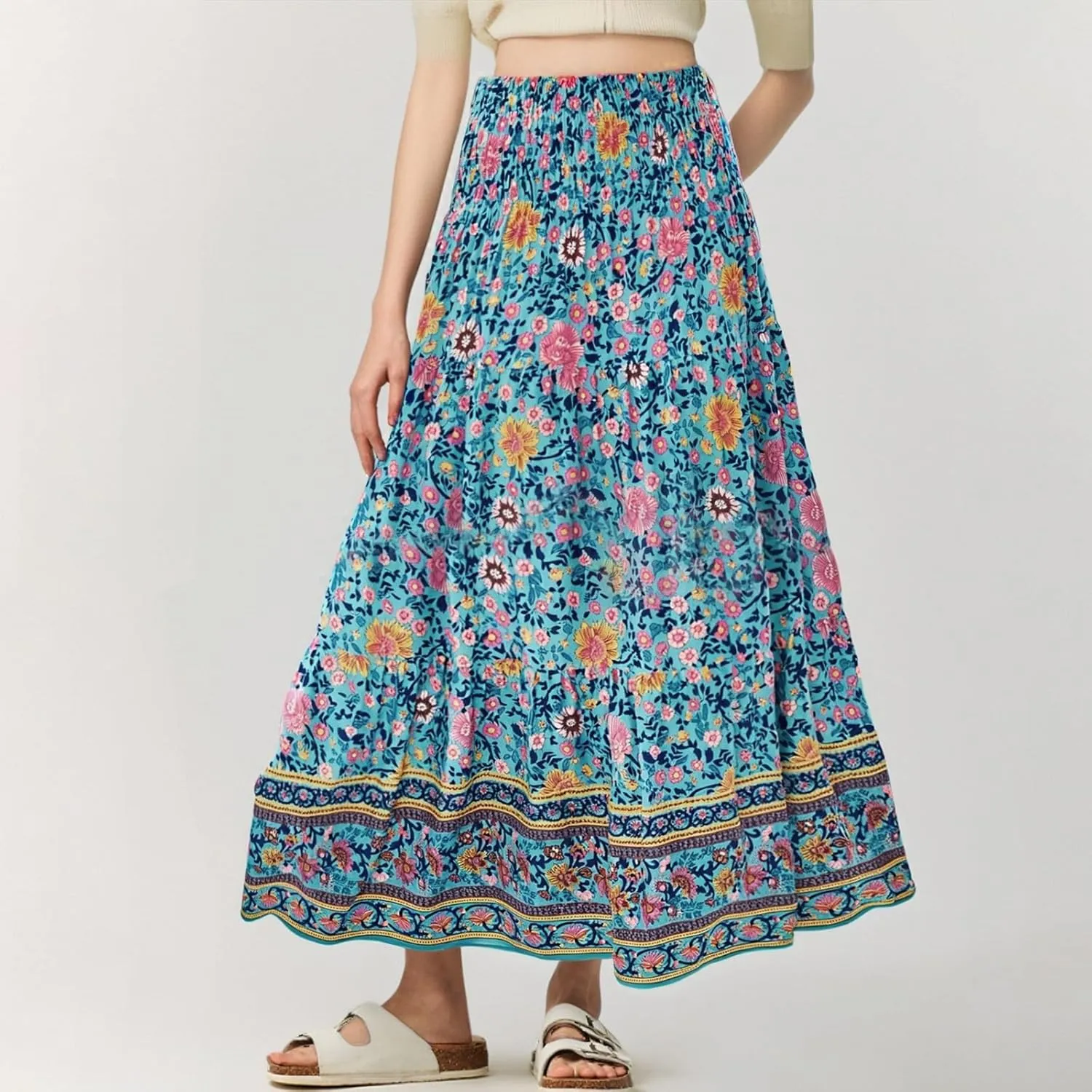 Maxi Skirts for Women Elastic High Waist A Line Pleated Skirt Boho Print Floral Flowy Skirt Beach Fashion