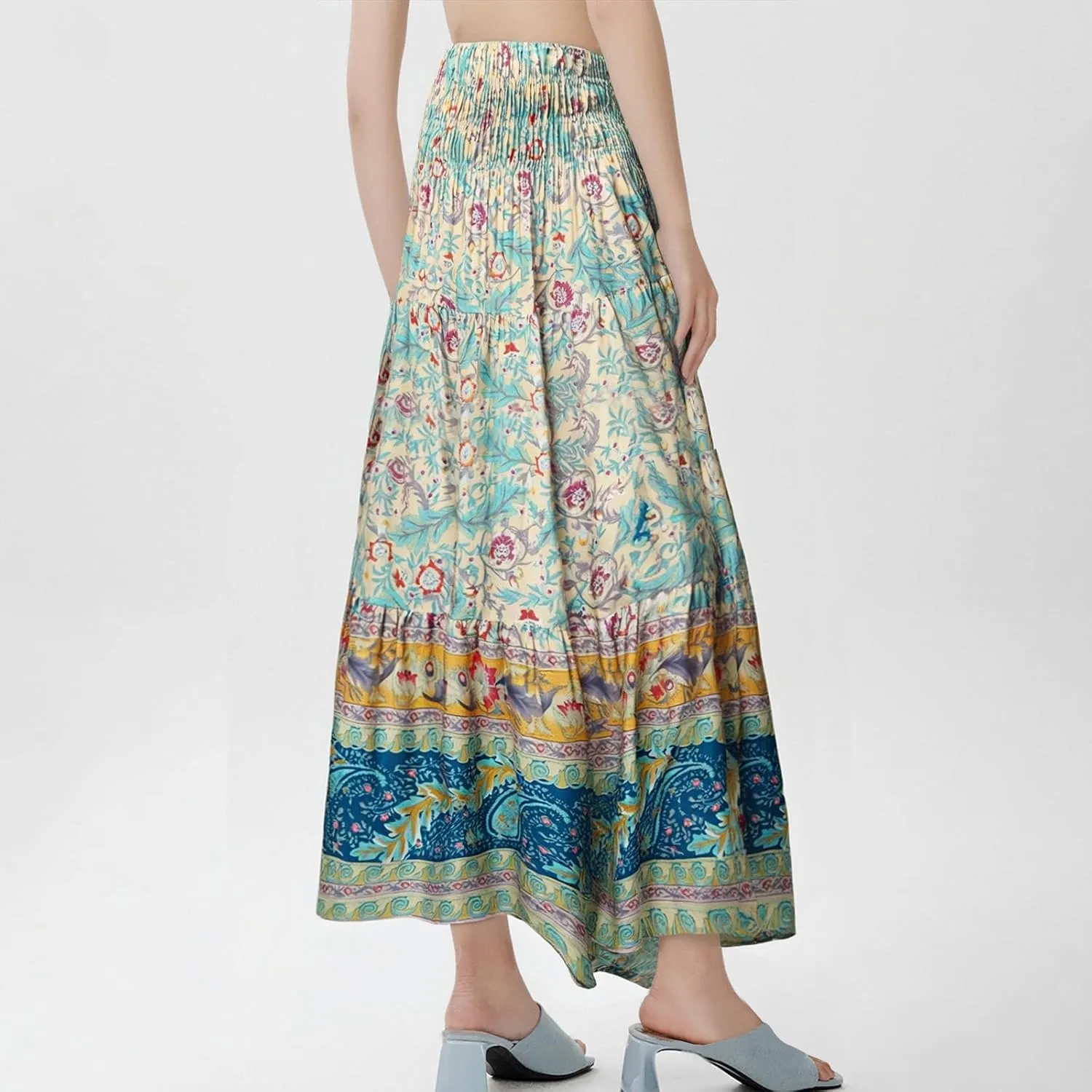 Maxi Skirts for Women Elastic High Waist A Line Pleated Skirt Boho Print Floral Flowy Skirt Beach Fashion