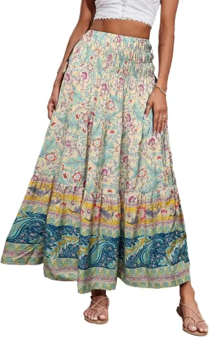 Maxi Skirts for Women Elastic High Waist A Line Pleated Skirt Boho Print Floral Flowy Skirt Beach Fashion