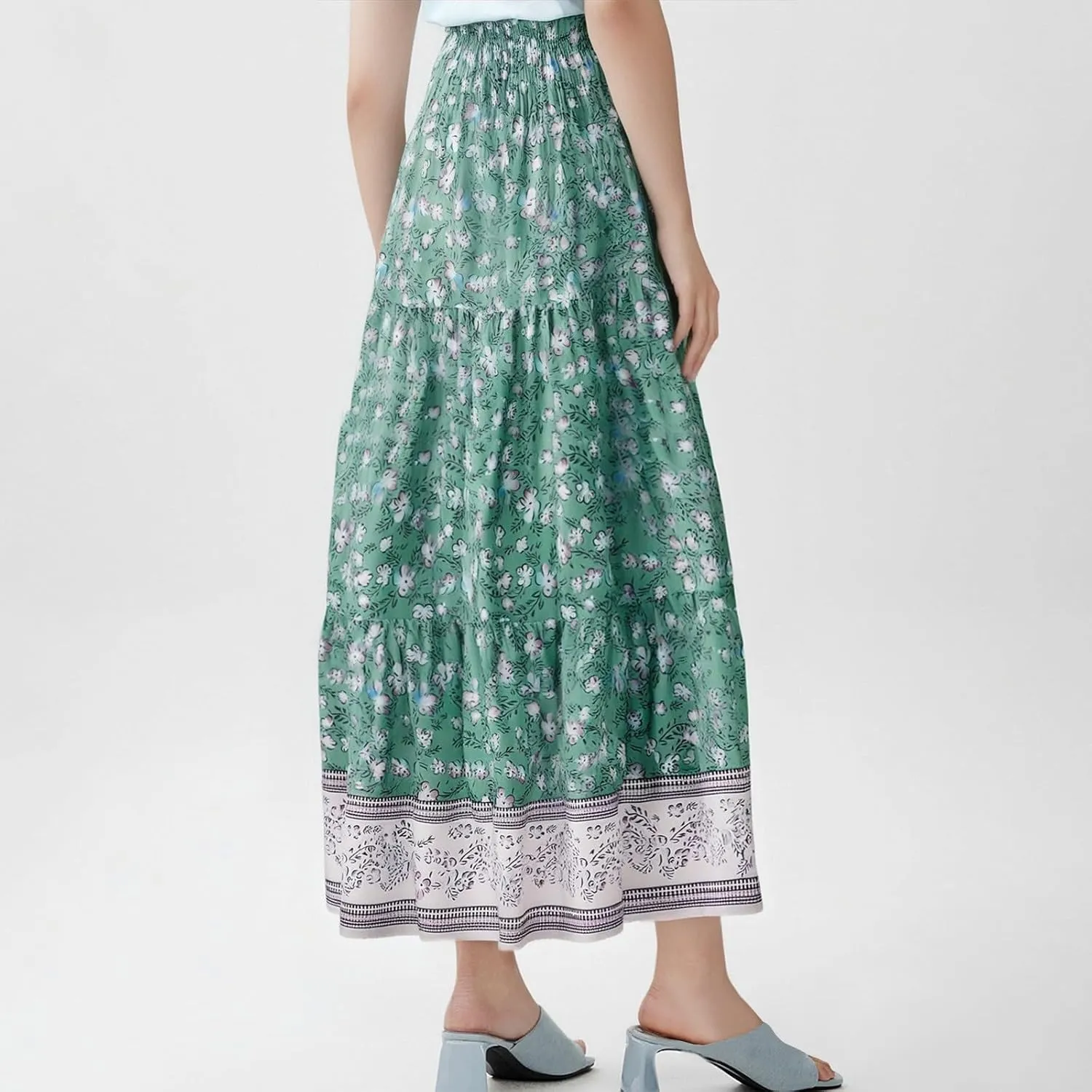 Maxi Skirts for Women Elastic High Waist A Line Pleated Skirt Boho Print Floral Flowy Skirt Beach Fashion
