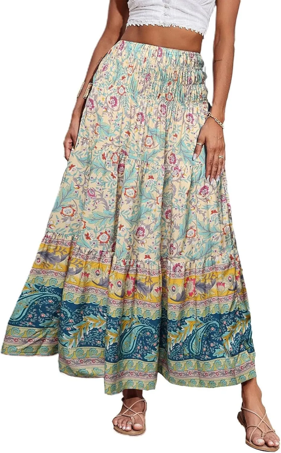 Maxi Skirts for Women Elastic High Waist A Line Pleated Skirt Boho Print Floral Flowy Skirt Beach Fashion