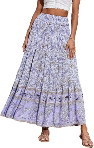 Maxi Skirts for Women Elastic High Waist A Line Pleated Skirt Boho Print Floral Flowy Skirt Beach Fashion