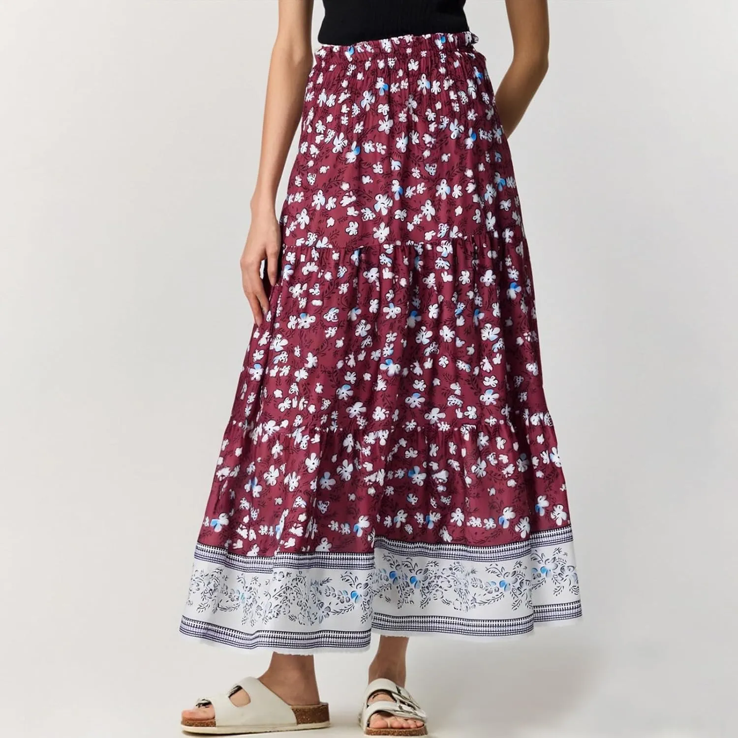 Maxi Skirts for Women Elastic High Waist A Line Pleated Skirt Boho Print Floral Flowy Skirt Beach Fashion