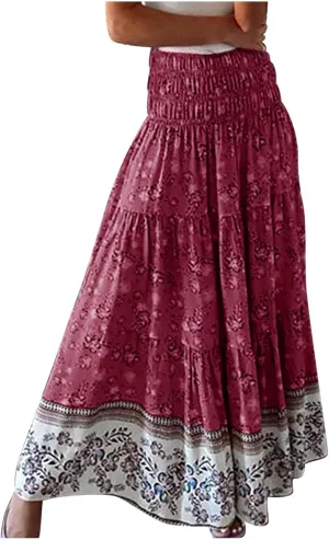 Maxi Skirts for Women Elastic High Waist A Line Pleated Skirt Boho Print Floral Flowy Skirt Beach Fashion