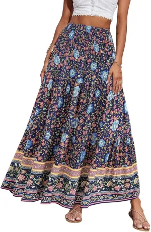 Maxi Skirts for Women Elastic High Waist A Line Pleated Skirt Boho Print Floral Flowy Skirt Beach Fashion