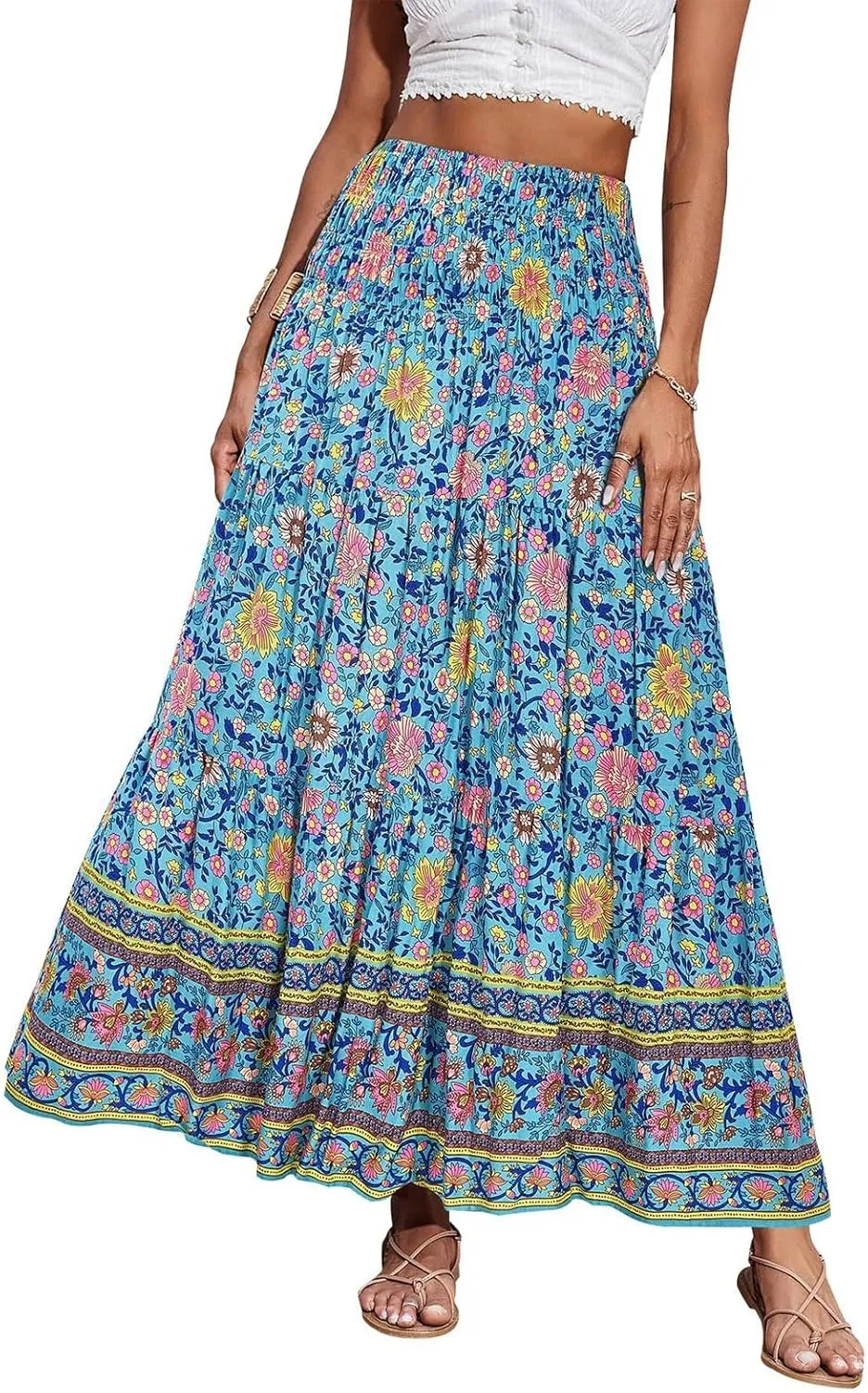 Maxi Skirts for Women Elastic High Waist A Line Pleated Skirt Boho Print Floral Flowy Skirt Beach Fashion
