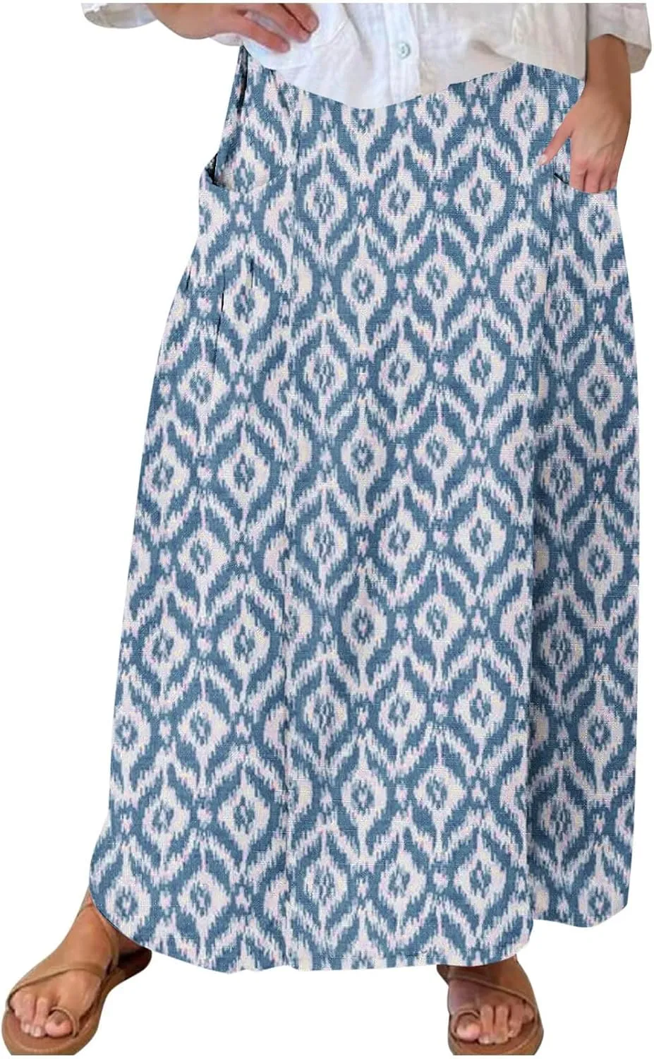 Maxi Skirts for Women Summer Trendy Hawaiian Floral Long Skirt Casual Ruffle A Line Beach Midi Skirt with Pockets