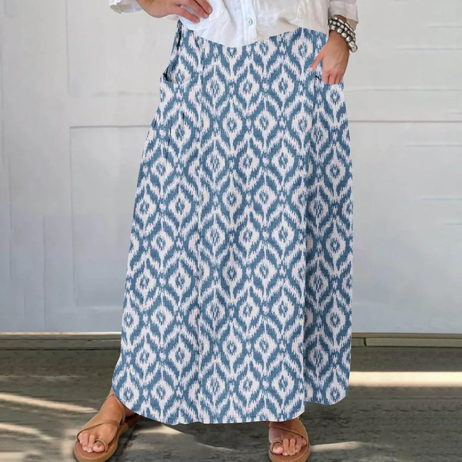 Maxi Skirts for Women Summer Trendy Hawaiian Floral Long Skirt Casual Ruffle A Line Beach Midi Skirt with Pockets