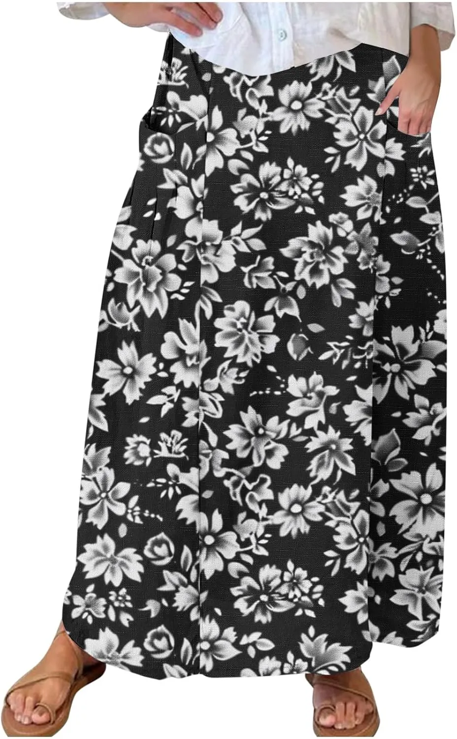 Maxi Skirts for Women Summer Trendy Hawaiian Floral Long Skirt Casual Ruffle A Line Beach Midi Skirt with Pockets