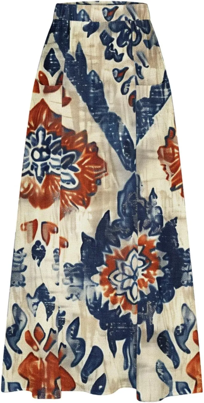Maxi Skirts for Women Summer Trendy Hawaiian Floral Long Skirt Casual Ruffle A Line Beach Midi Skirt with Pockets