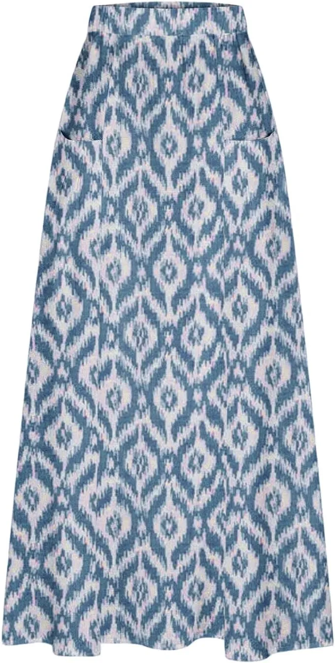 Maxi Skirts for Women Summer Trendy Hawaiian Floral Long Skirt Casual Ruffle A Line Beach Midi Skirt with Pockets
