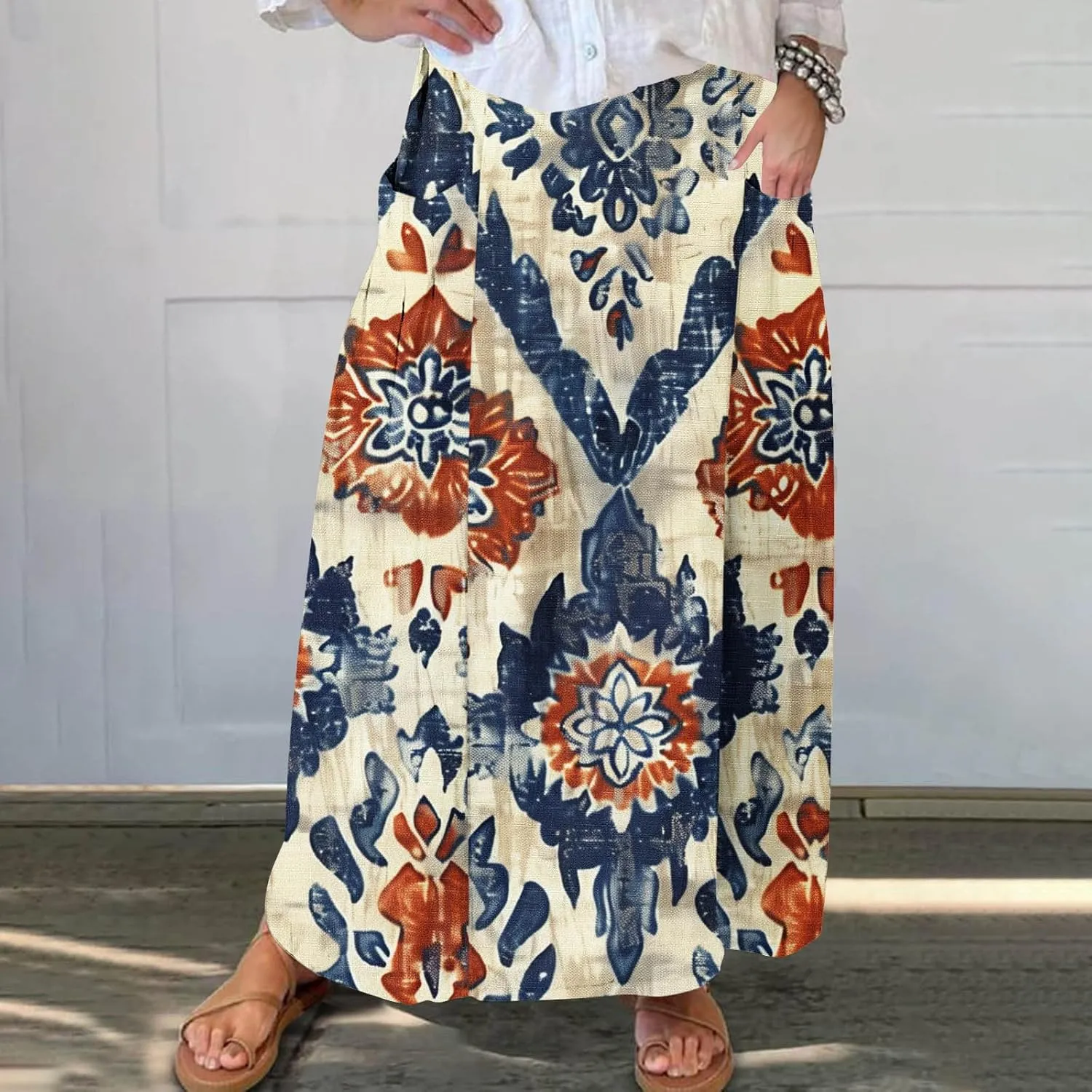 Maxi Skirts for Women Summer Trendy Hawaiian Floral Long Skirt Casual Ruffle A Line Beach Midi Skirt with Pockets