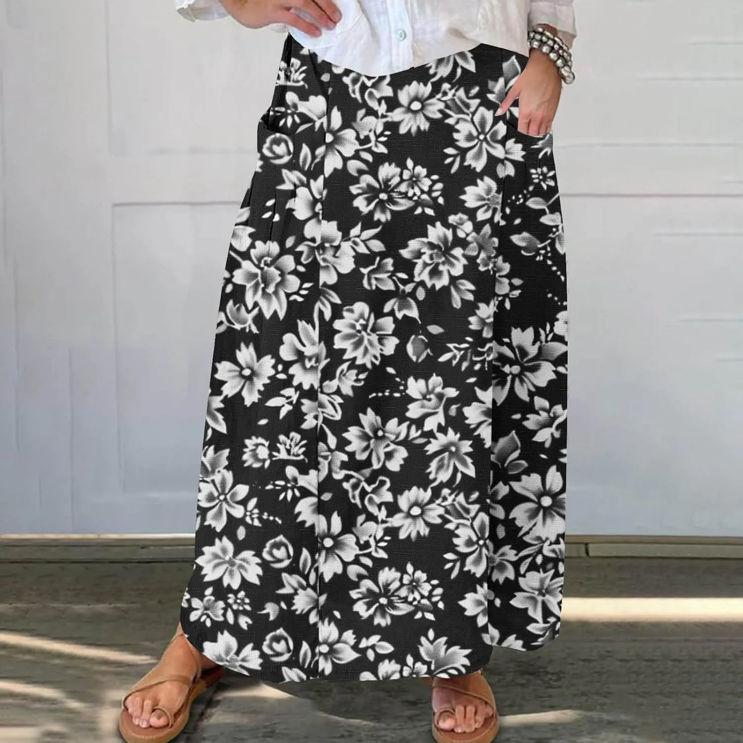 Maxi Skirts for Women Summer Trendy Hawaiian Floral Long Skirt Casual Ruffle A Line Beach Midi Skirt with Pockets