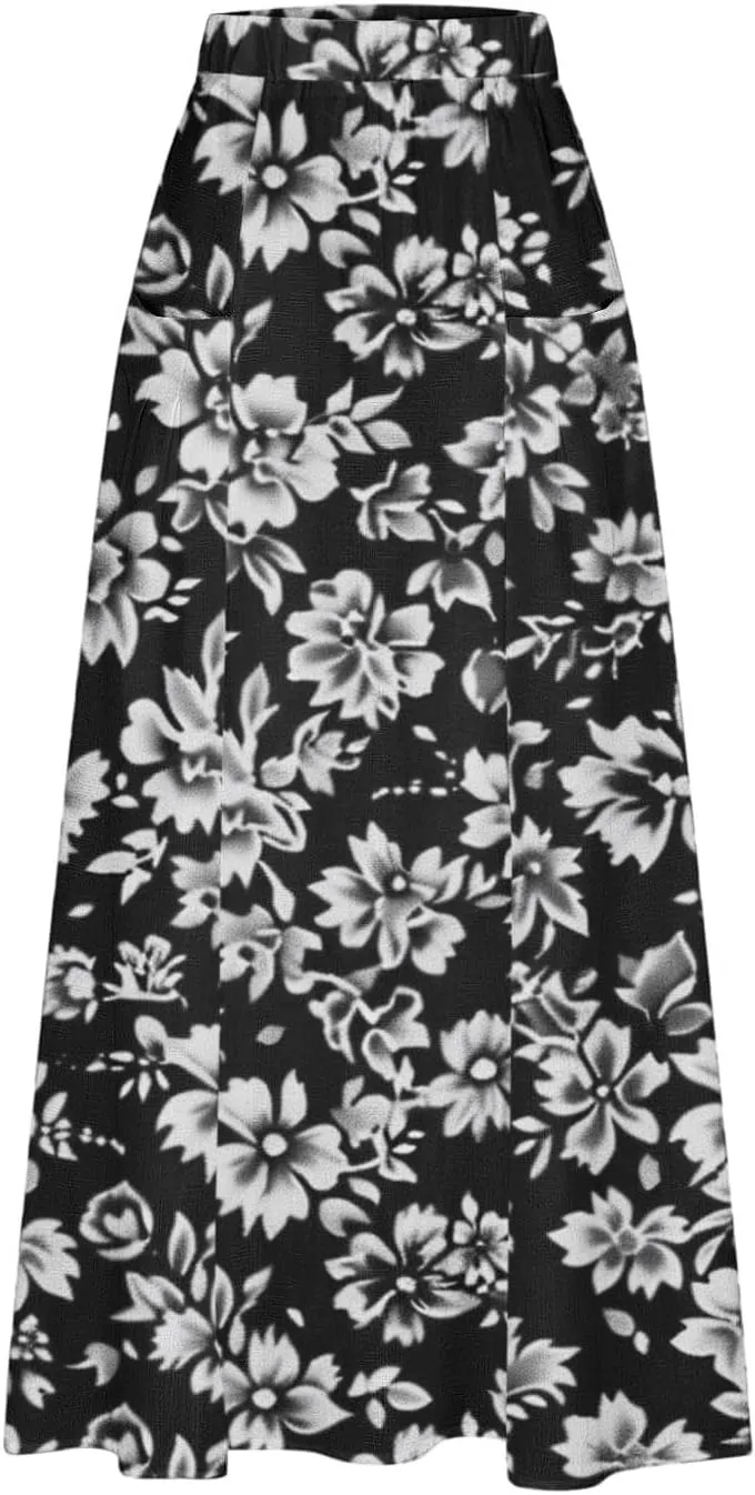 Maxi Skirts for Women Summer Trendy Hawaiian Floral Long Skirt Casual Ruffle A Line Beach Midi Skirt with Pockets