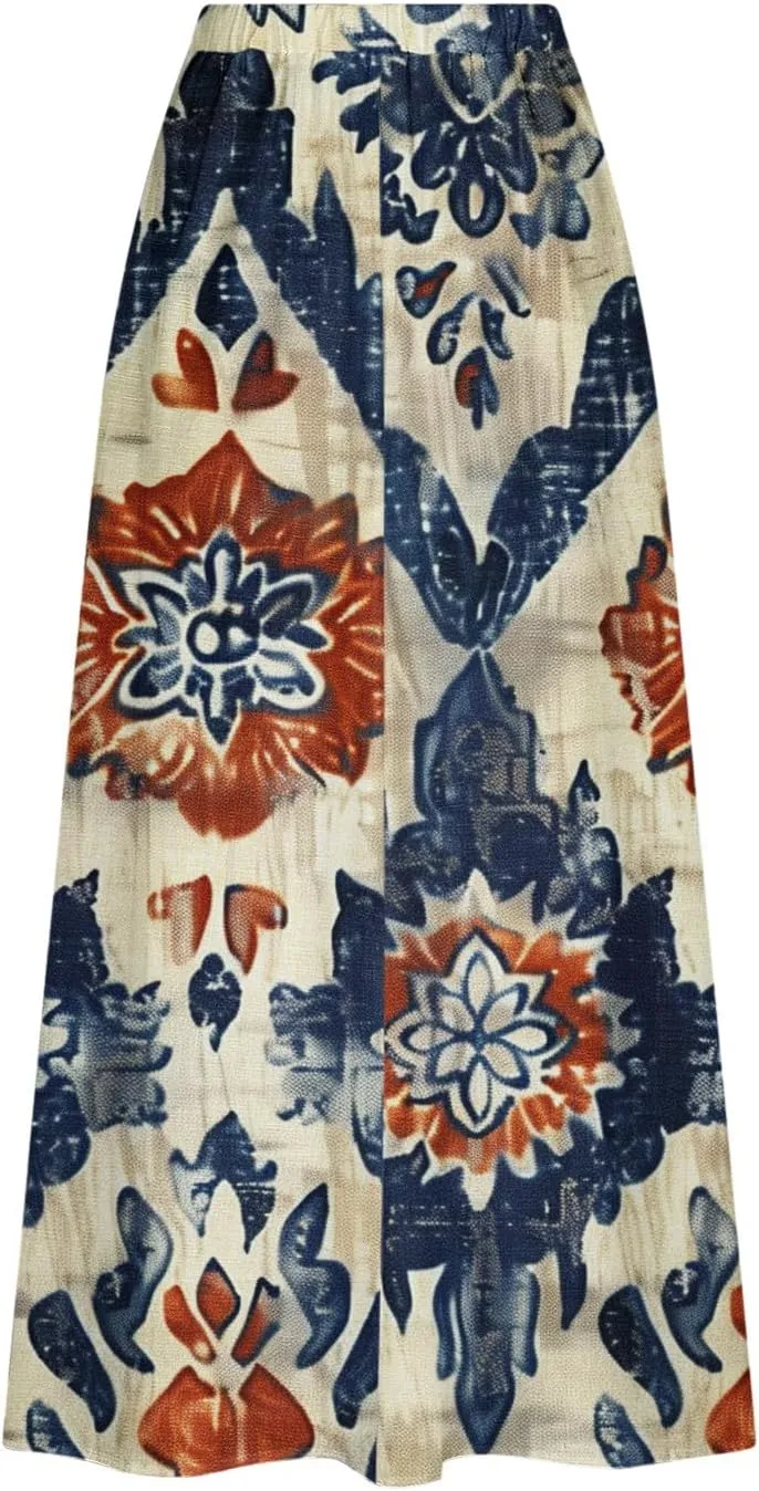 Maxi Skirts for Women Summer Trendy Hawaiian Floral Long Skirt Casual Ruffle A Line Beach Midi Skirt with Pockets