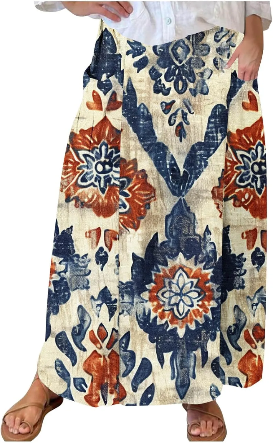 Maxi Skirts for Women Summer Trendy Hawaiian Floral Long Skirt Casual Ruffle A Line Beach Midi Skirt with Pockets