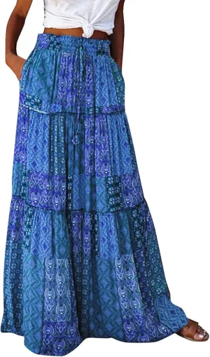 Maxi Skirts,Pleated Flowy Long Skirts for Women 2025 High Waisted Womens Boho Maxi Skirt with Pockets Trendy