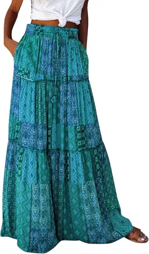 Maxi Skirts,Pleated Flowy Long Skirts for Women 2025 High Waisted Womens Boho Maxi Skirt with Pockets Trendy