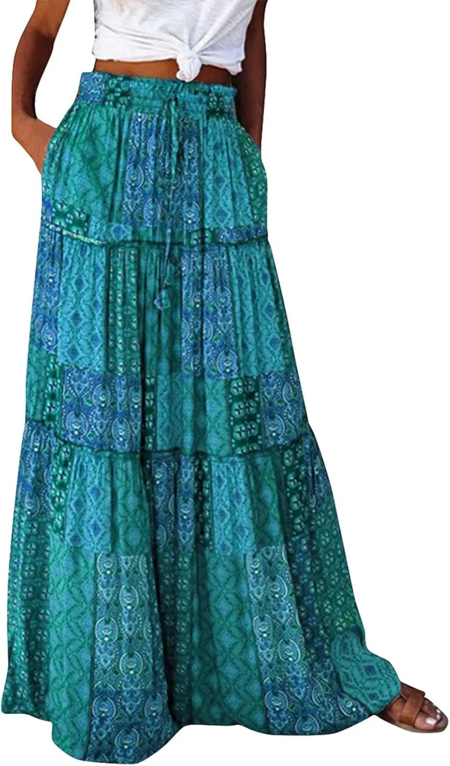 Maxi Skirts,Pleated Flowy Long Skirts for Women 2025 High Waisted Womens Boho Maxi Skirt with Pockets Trendy