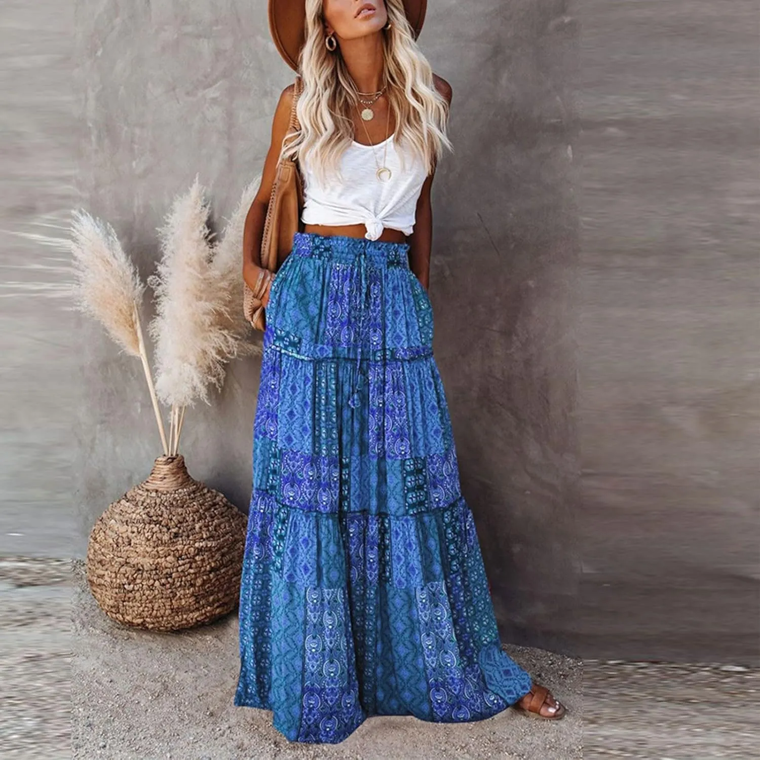 Maxi Skirts,Pleated Flowy Long Skirts for Women 2025 High Waisted Womens Boho Maxi Skirt with Pockets Trendy