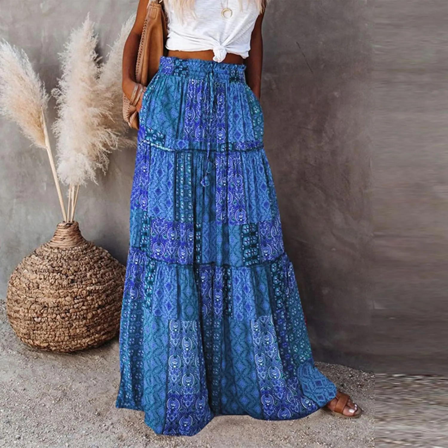 Maxi Skirts,Pleated Flowy Long Skirts for Women 2025 High Waisted Womens Boho Maxi Skirt with Pockets Trendy