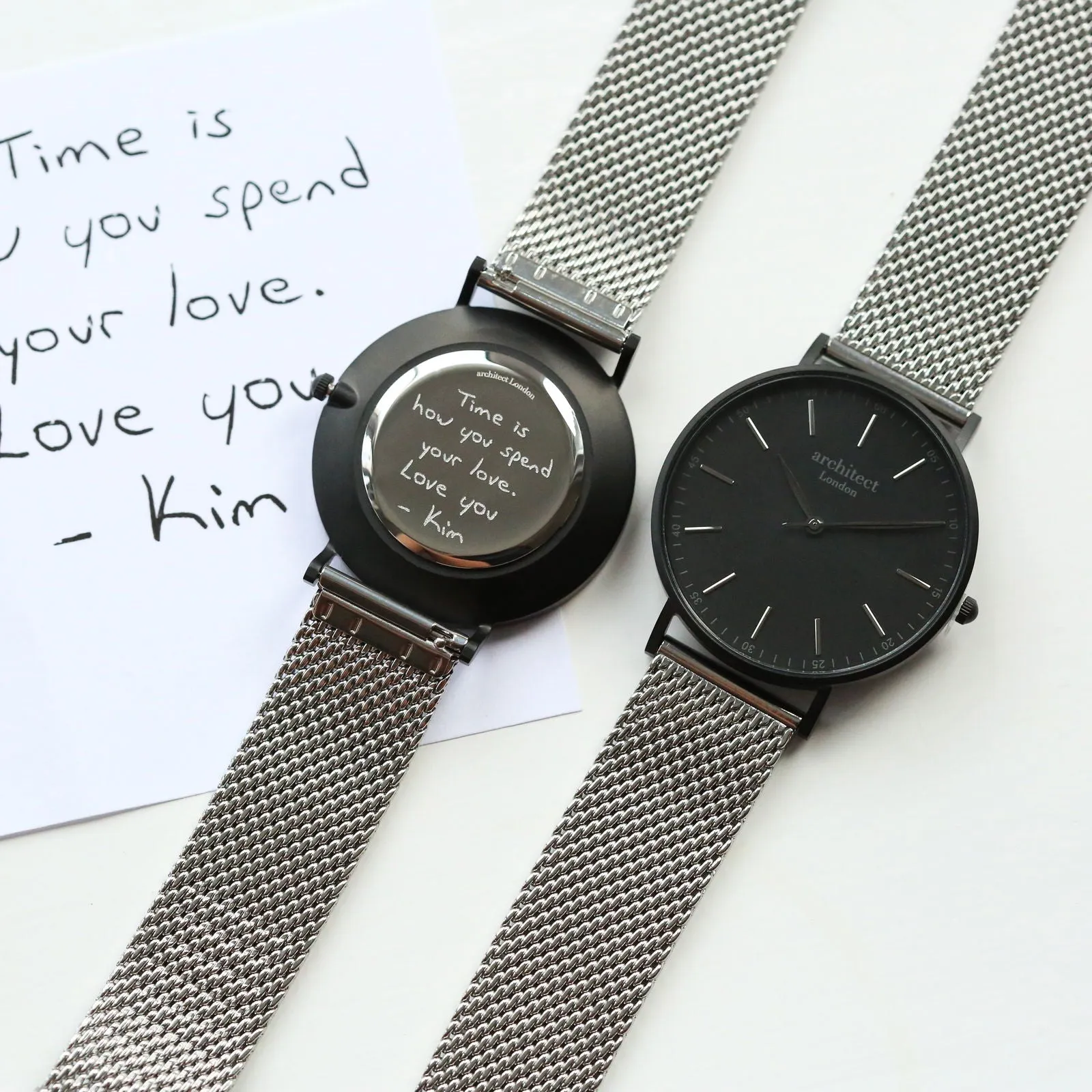 Men's Handwriting Engraved Watch - Minimalist Watch   Steel Silver Mesh