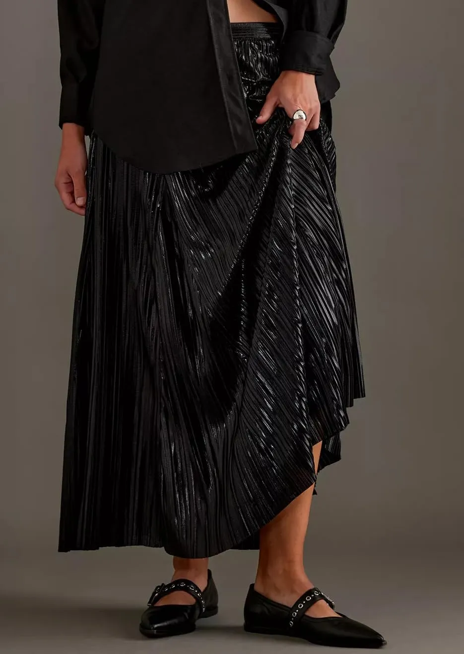 Metallic Pleated Midi Skirts for Women Trendy Elastic High Waisted A Line Flowy Sparkly Long Pleated Skirts