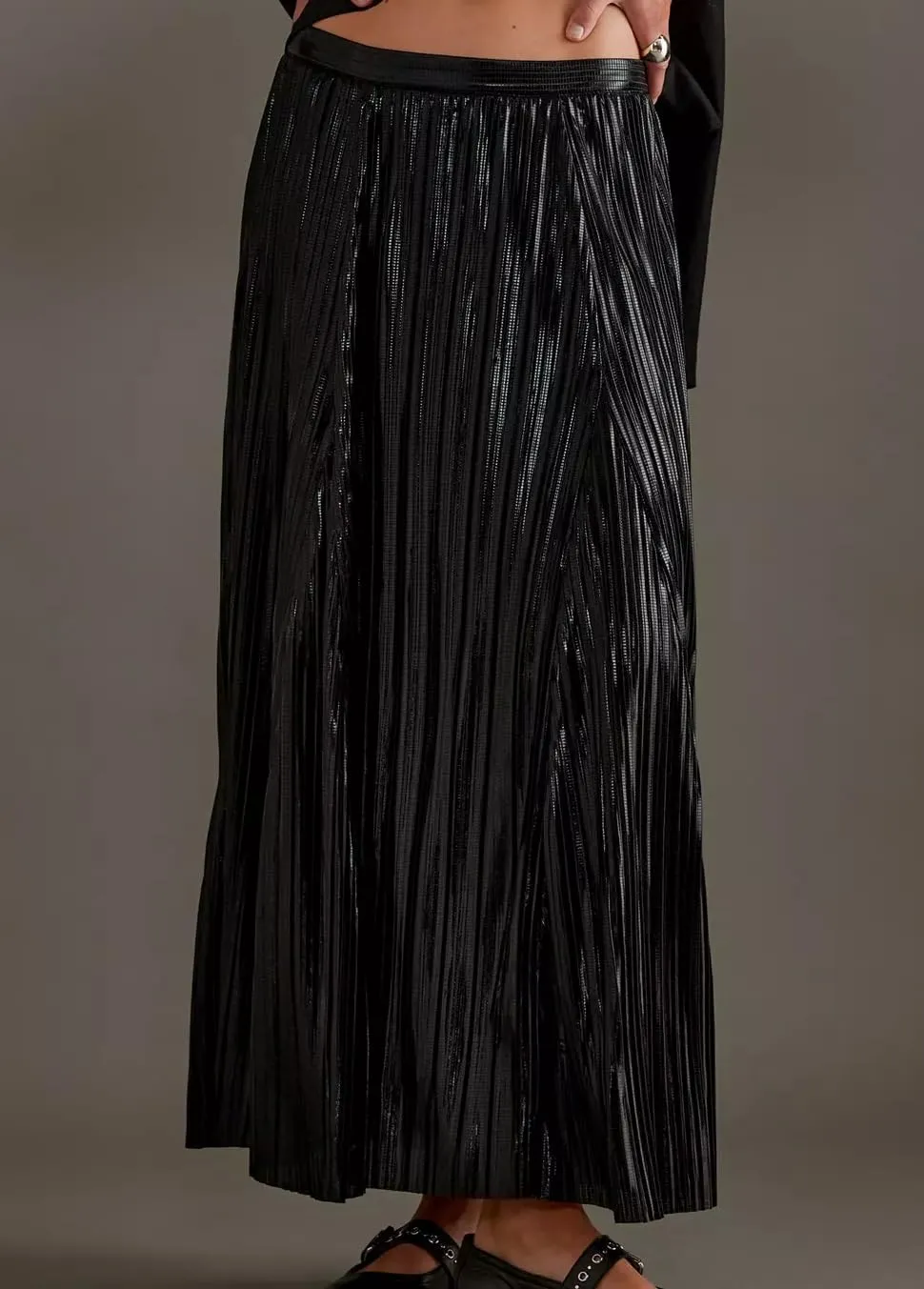Metallic Pleated Midi Skirts for Women Trendy Elastic High Waisted A Line Flowy Sparkly Long Pleated Skirts