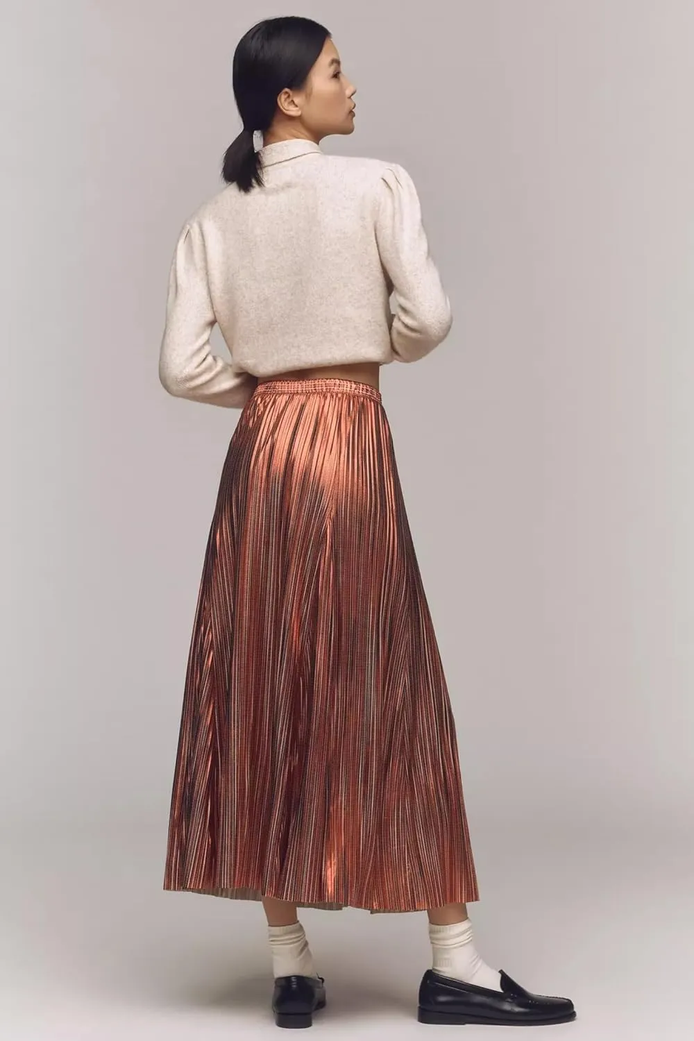 Metallic Pleated Midi Skirts for Women Trendy Elastic High Waisted A Line Flowy Sparkly Long Pleated Skirts