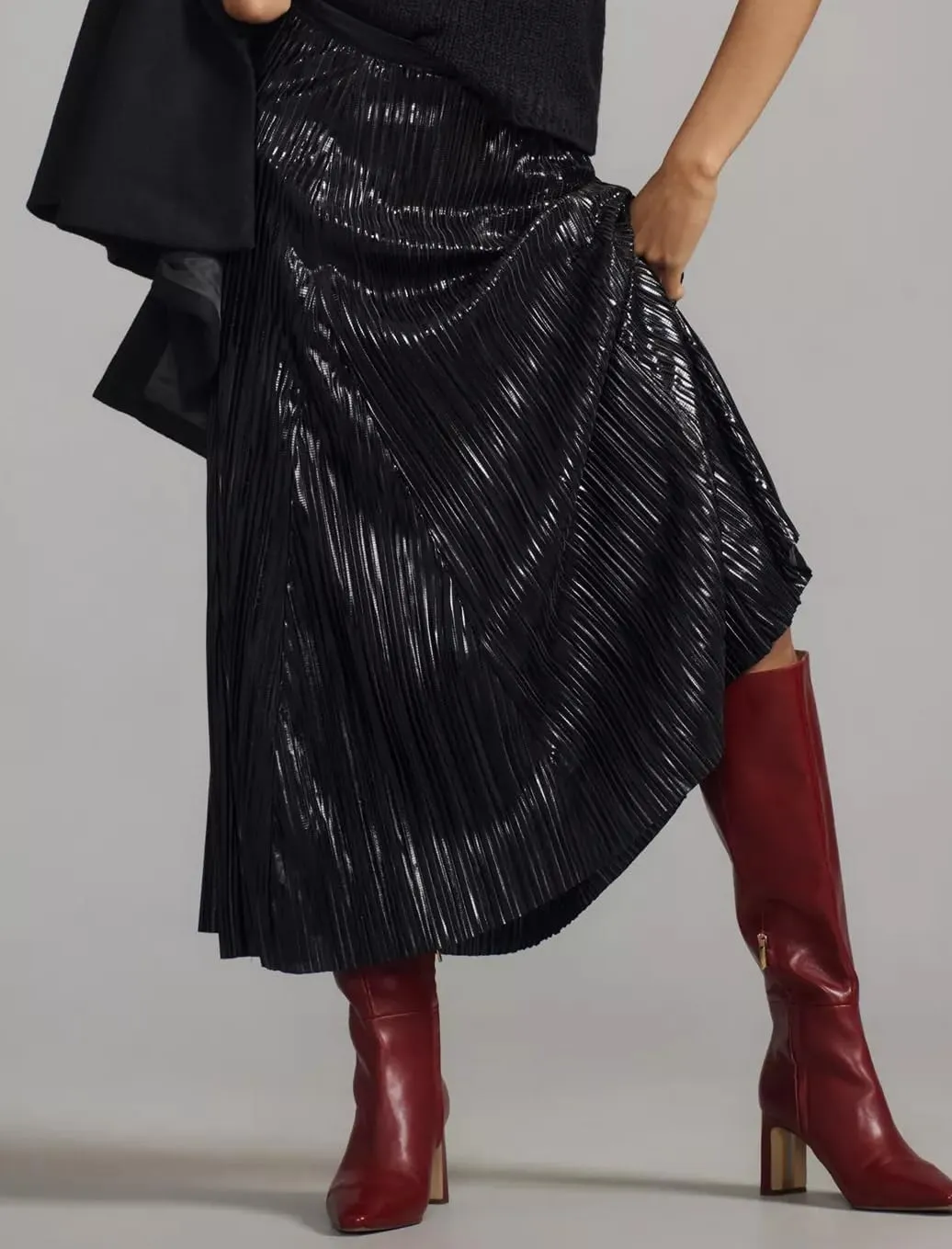 Metallic Pleated Midi Skirts for Women Trendy Elastic High Waisted A Line Flowy Sparkly Long Pleated Skirts