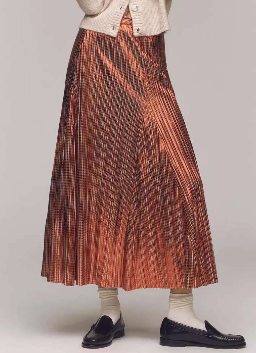 Metallic Pleated Midi Skirts for Women Trendy Elastic High Waisted A Line Flowy Sparkly Long Pleated Skirts