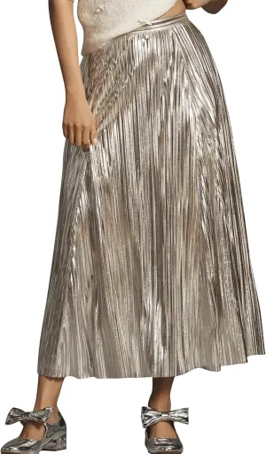 Metallic Pleated Midi Skirts for Women Trendy Elastic High Waisted A Line Flowy Sparkly Long Pleated Skirts