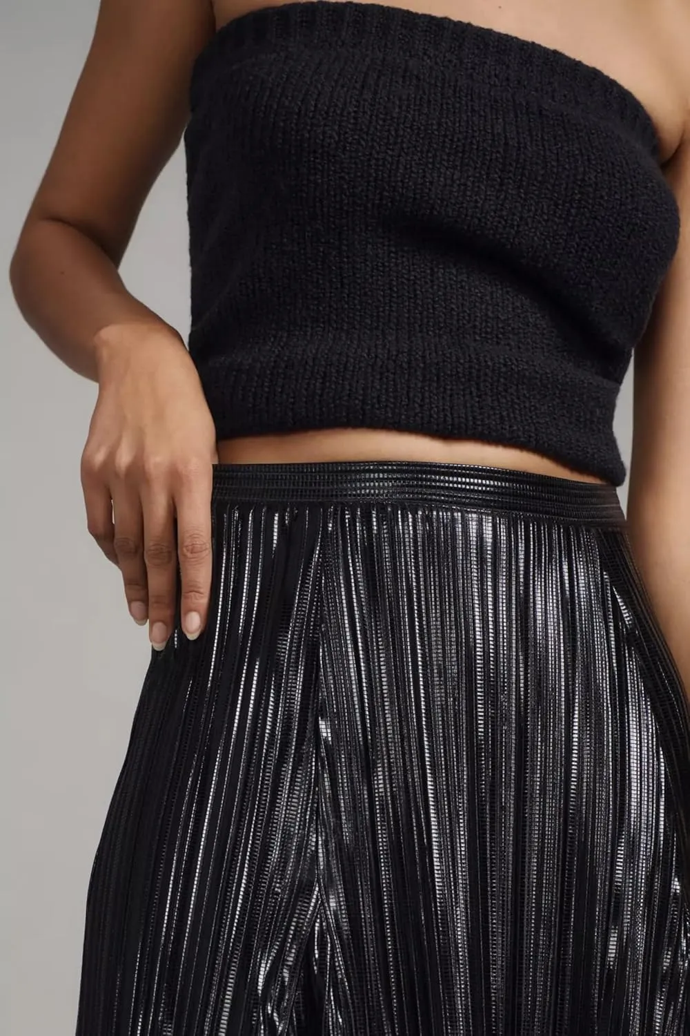 Metallic Pleated Midi Skirts for Women Trendy Elastic High Waisted A Line Flowy Sparkly Long Pleated Skirts