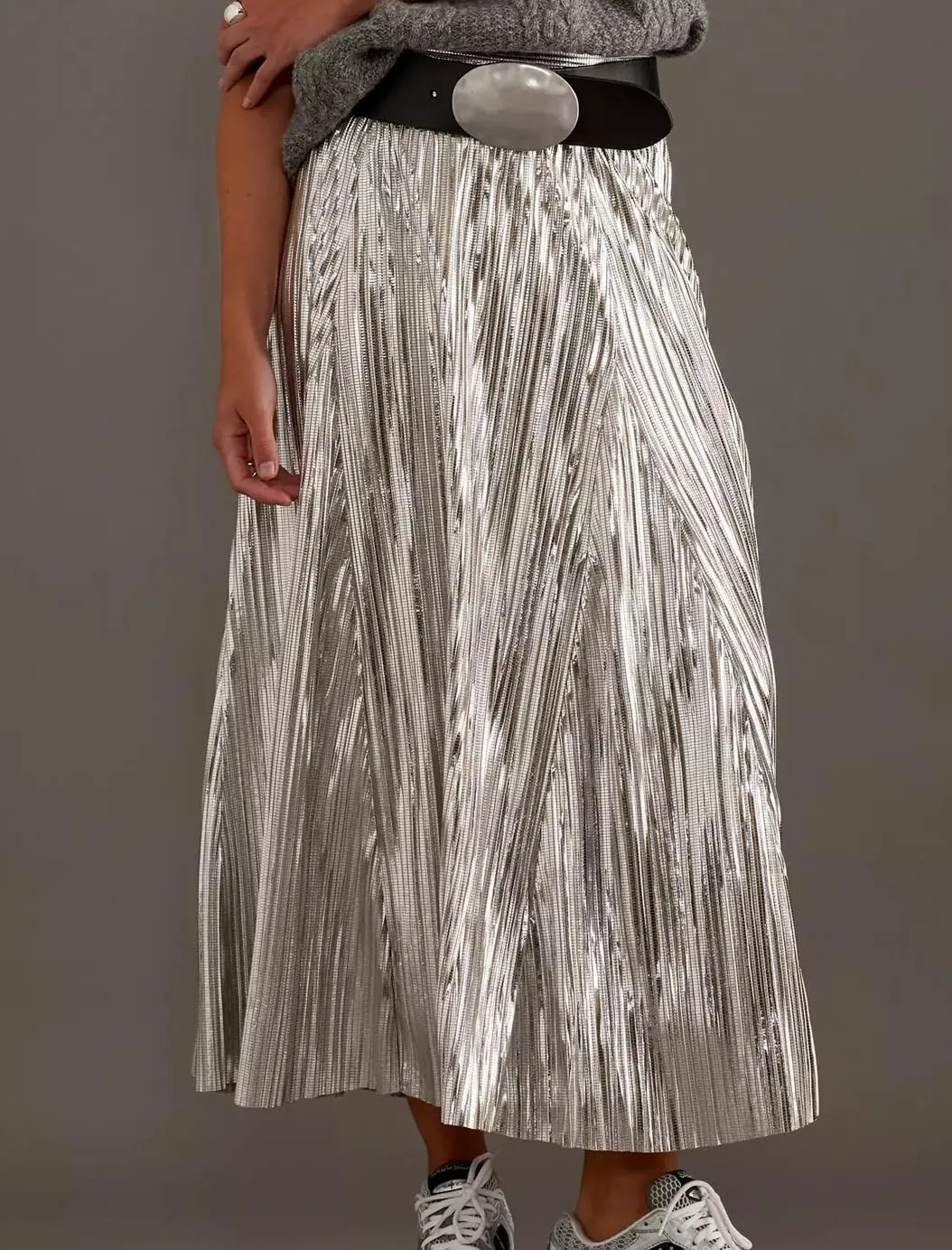 Metallic Pleated Midi Skirts for Women Trendy Elastic High Waisted A Line Flowy Sparkly Long Pleated Skirts