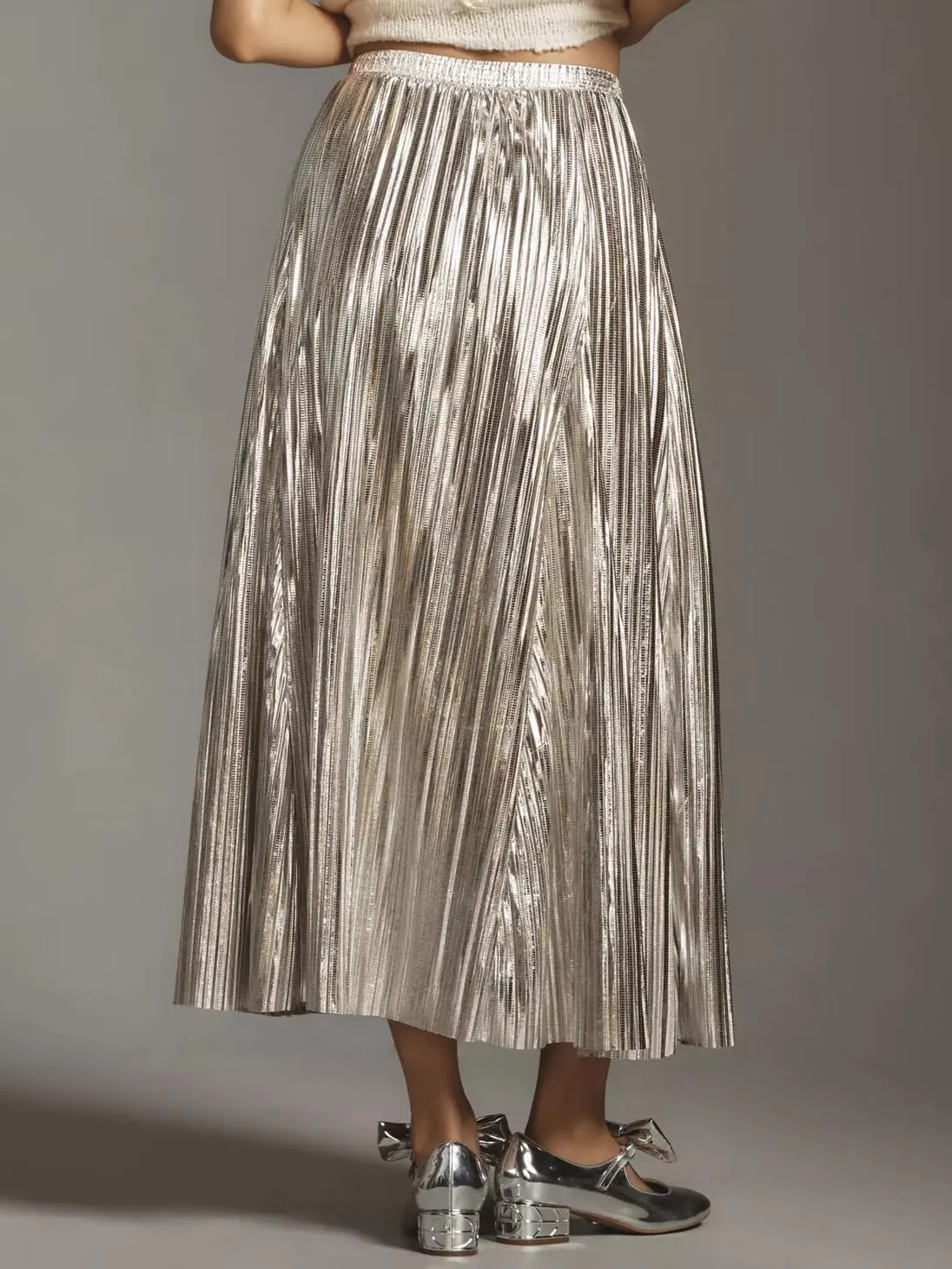 Metallic Pleated Midi Skirts for Women Trendy Elastic High Waisted A Line Flowy Sparkly Long Pleated Skirts