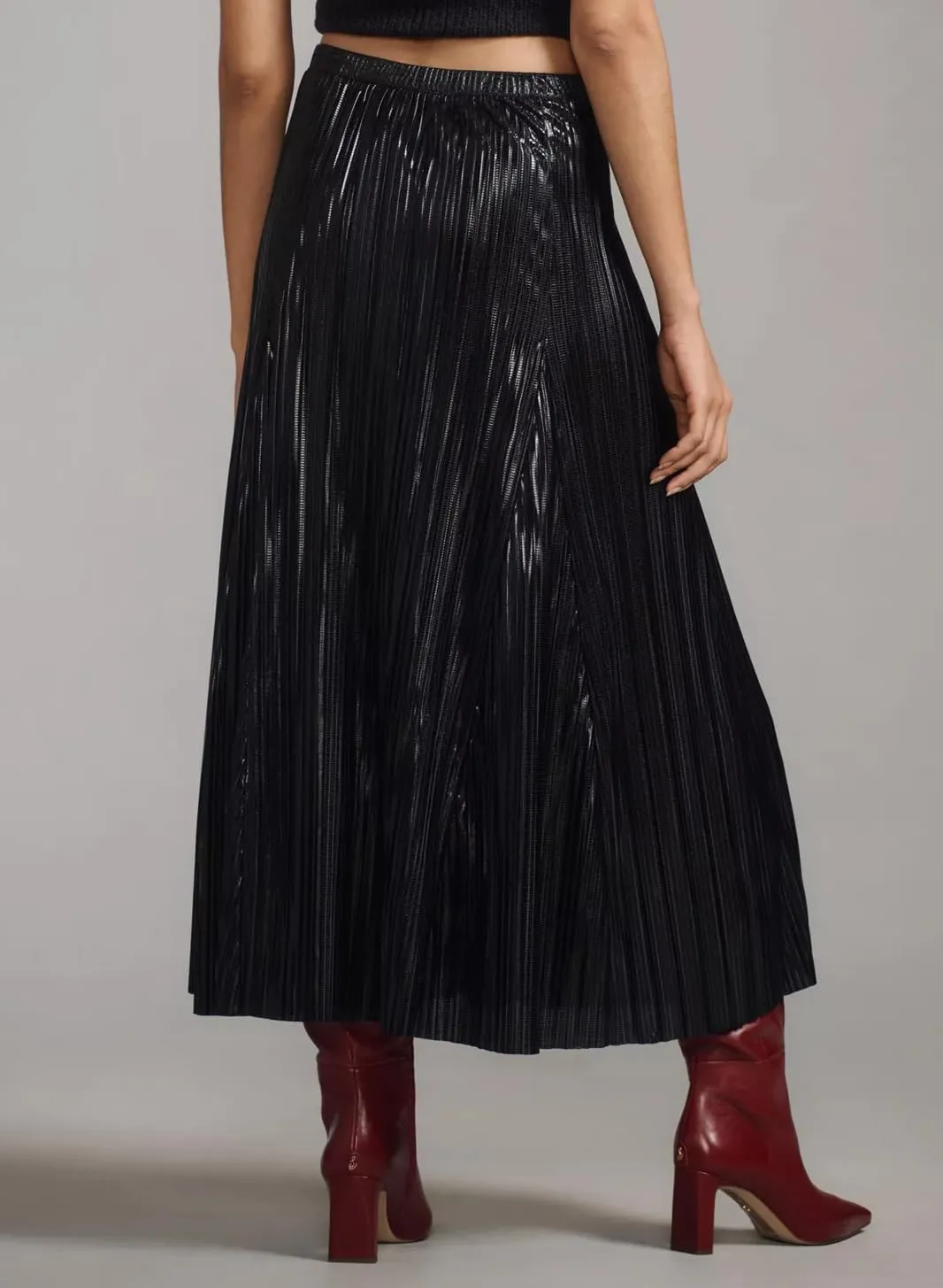 Metallic Pleated Midi Skirts for Women Trendy Elastic High Waisted A Line Flowy Sparkly Long Pleated Skirts