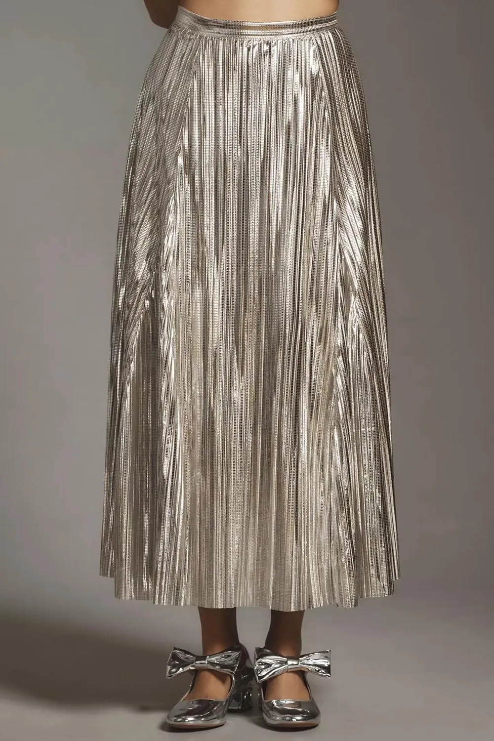 Metallic Pleated Midi Skirts for Women Trendy Elastic High Waisted A Line Flowy Sparkly Long Pleated Skirts