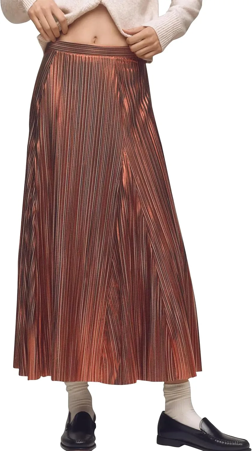 Metallic Pleated Midi Skirts for Women Trendy Elastic High Waisted A Line Flowy Sparkly Long Pleated Skirts