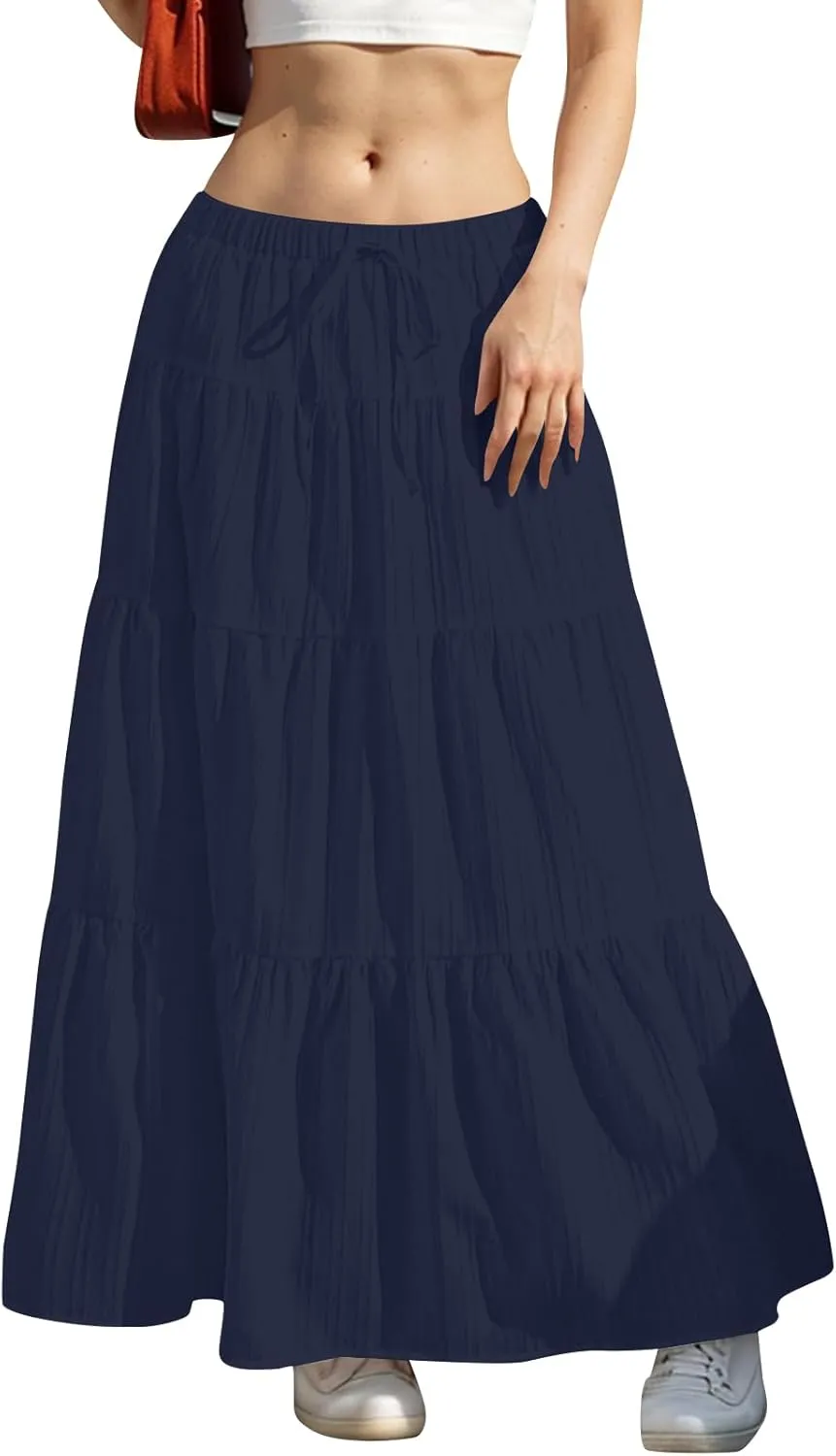 midelxp Tiered Long Skirts for Women Summer Vacation A-Line Pleated Skirt Drawstring High Waisted Flowy Swing Maxi Skirts