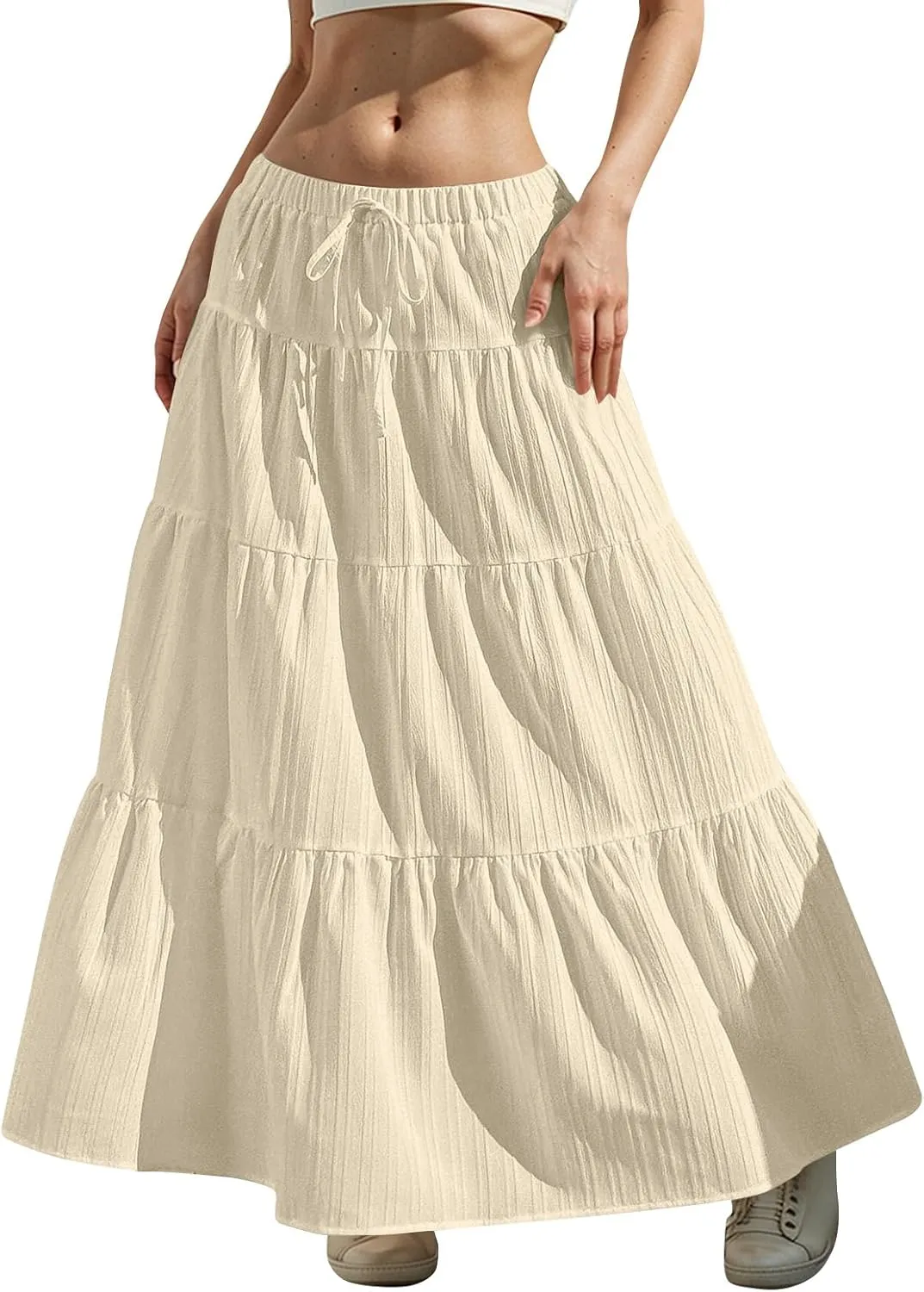 midelxp Tiered Long Skirts for Women Summer Vacation A-Line Pleated Skirt Drawstring High Waisted Flowy Swing Maxi Skirts