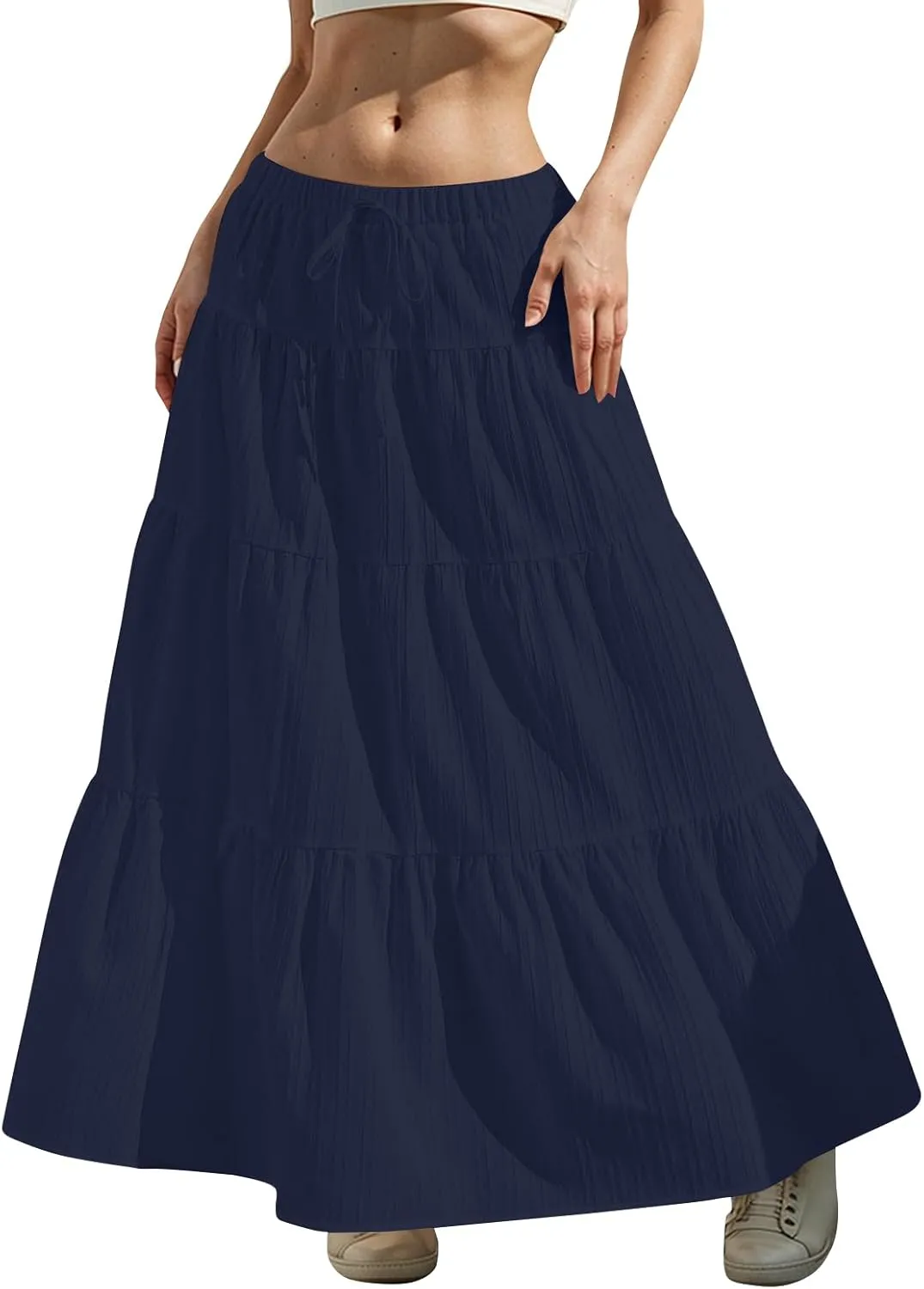 midelxp Tiered Long Skirts for Women Summer Vacation A-Line Pleated Skirt Drawstring High Waisted Flowy Swing Maxi Skirts