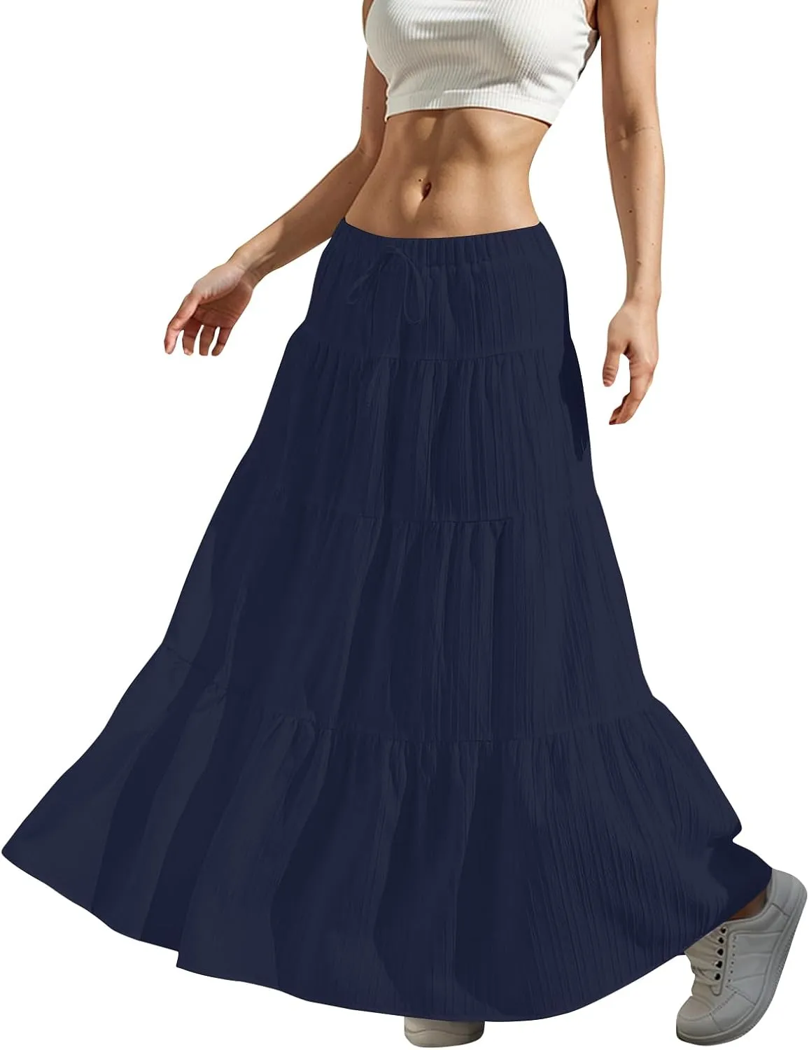 midelxp Tiered Long Skirts for Women Summer Vacation A-Line Pleated Skirt Drawstring High Waisted Flowy Swing Maxi Skirts