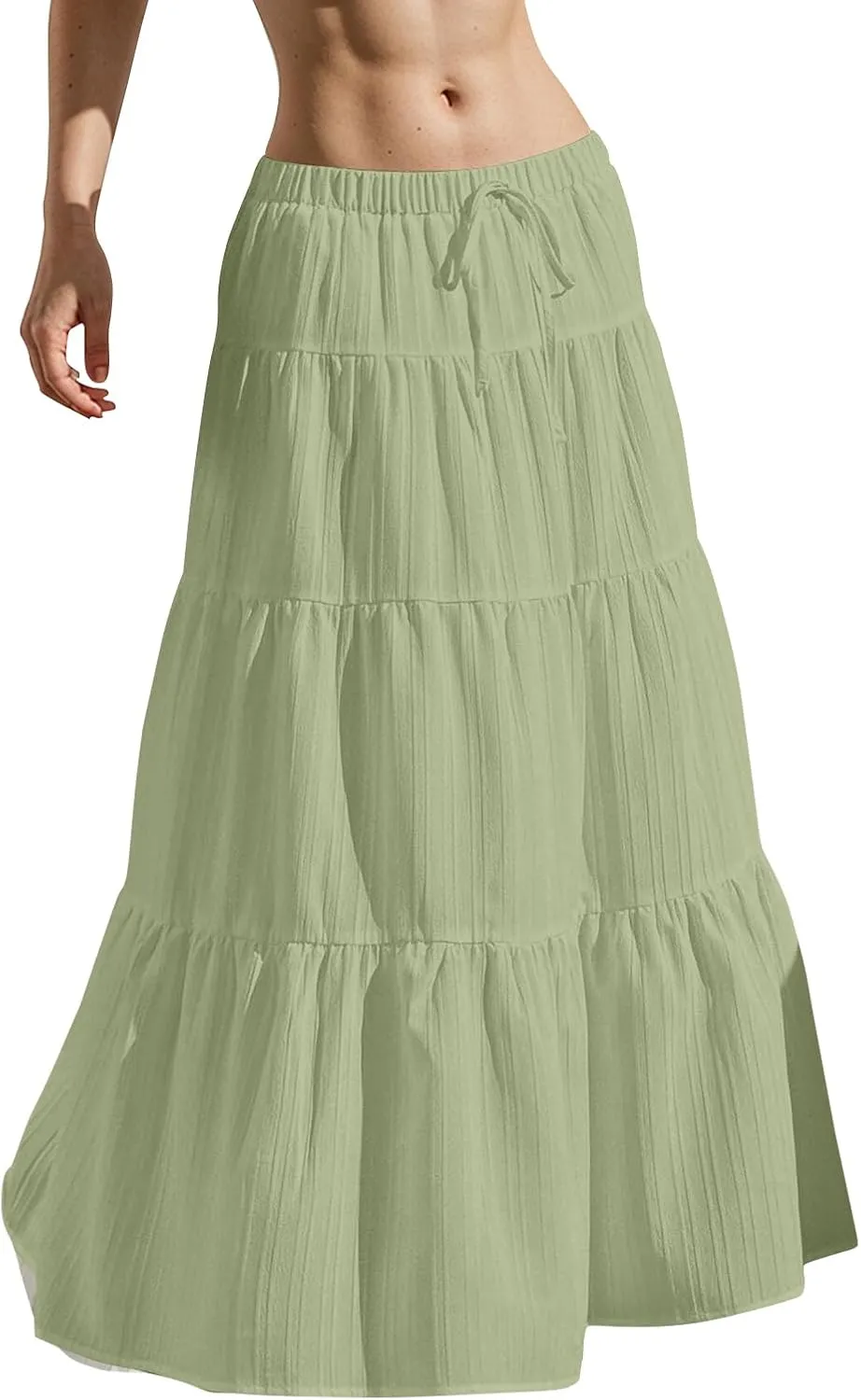 midelxp Tiered Long Skirts for Women Summer Vacation A-Line Pleated Skirt Drawstring High Waisted Flowy Swing Maxi Skirts